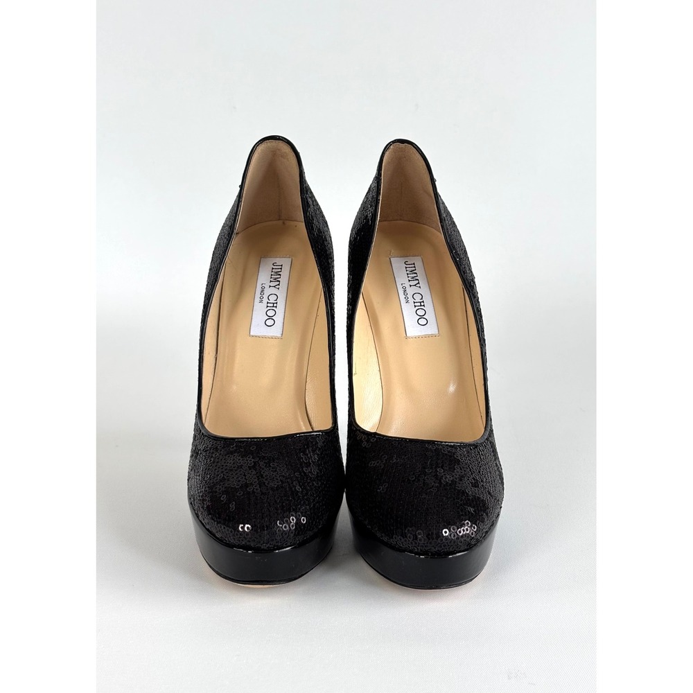 Jimmy Choo Black Sequin Platform Pumps Stiletto Heels Size 40 Made in Italy